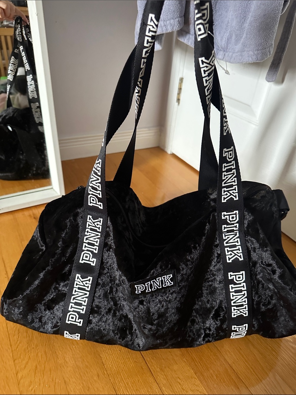 PINK Victoria's Secret Black Velvet Logo Strap Weekender